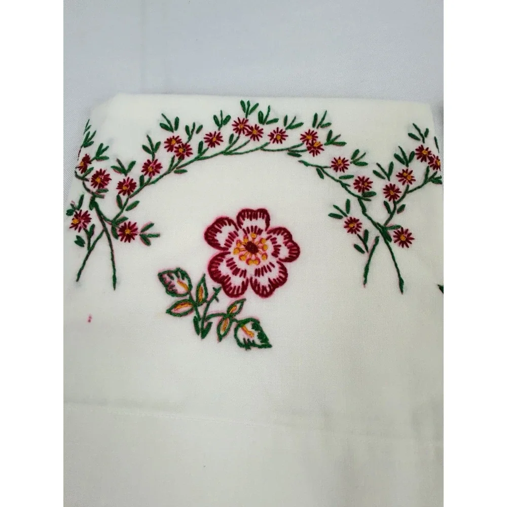 Vintage Cross Stitched Pillowcase White w/ Red Floral 30 x 20